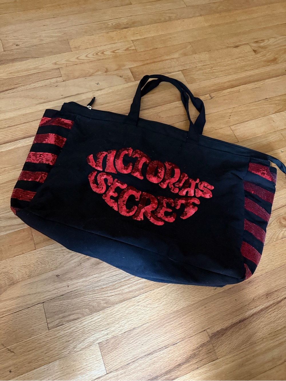 Victoria's Secret Black Tote with Red Sequin Logo and Stripe Accents